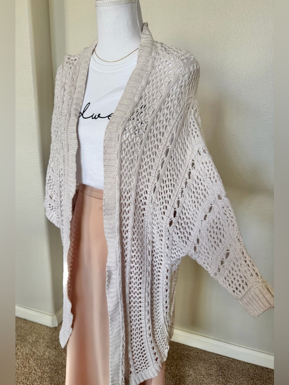100% Cotton - Bethany Mota - Cream Open-Knit Women's Cardigan Sweater